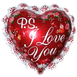 Китай Серце 24"(60см)  P.S.  I.L.Y. З каймою ЧЕРВОНЕ, кулька фольгована